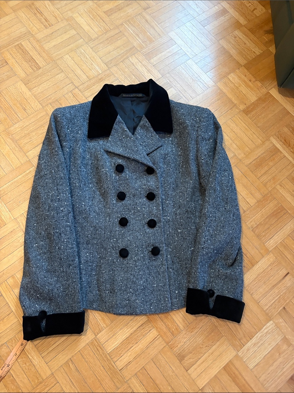 Marks & Spencer Tweed Double-Breasted Jacket with Black Velvet Trim